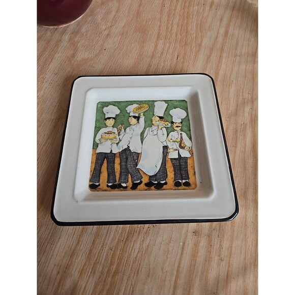 Vintage Italian Brunelli Ceramic Square Plate Chefs GREEN - Picture 1 of 6